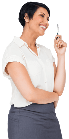 Happy Biracial Businesswoman with Pen on Transparent Background