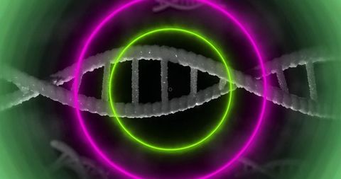 Futuristic DNA Helix with Neon Rings Symbolizing Biotechnology