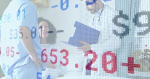 Healthcare team consulting patient in hospital room during clinical exam with data overlay