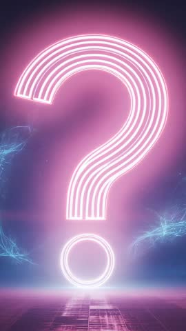 Pulsing Neon Question Mark Hovering Over Futuristic Stage Vertical Video