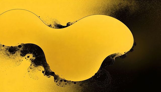Golden organic splash on dark background with black spray droplets and negative space