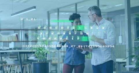 Coworkers Analyzing Digital Data with Holographic Overlay