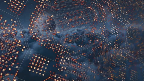Digital Circuit Board Overlay on Cloudy Sky
