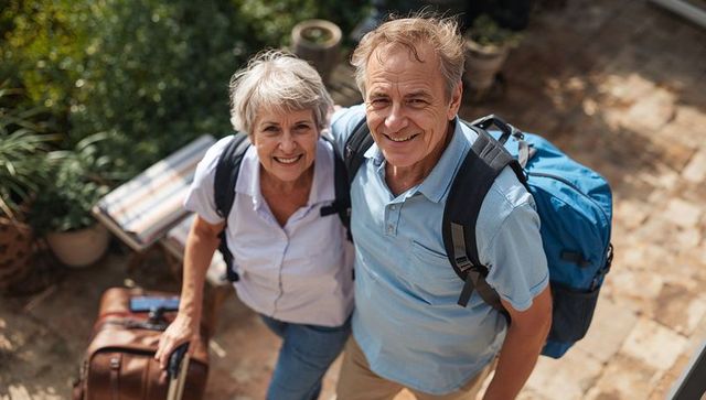 Smiling senior couple carrying backpacks and suitcase preparing for travel adventure