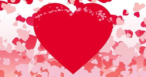 Giant red heart floating among falling pink hearts on soft gradient