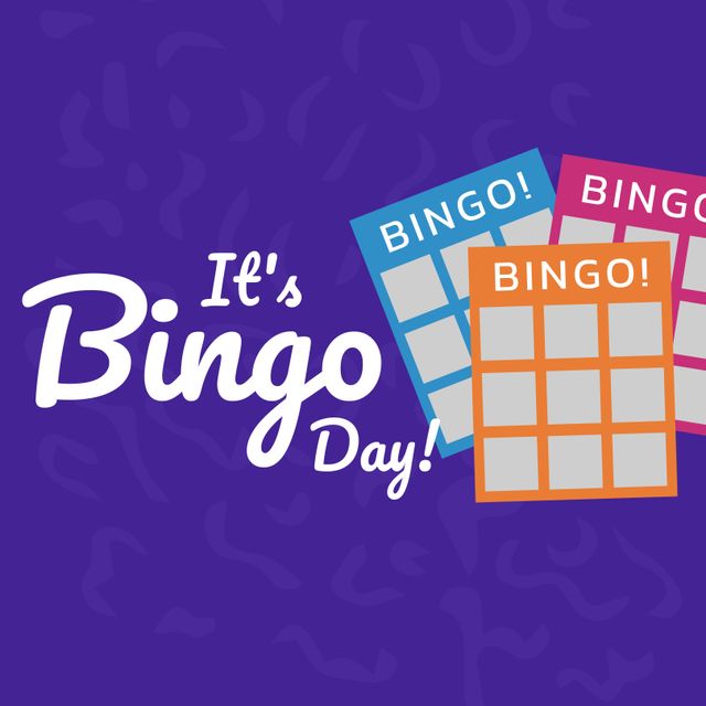 Illustrative image of bingo cards with it's bingo day text against violet background, copy space. bingo, celebration, leisure games and luck concept.