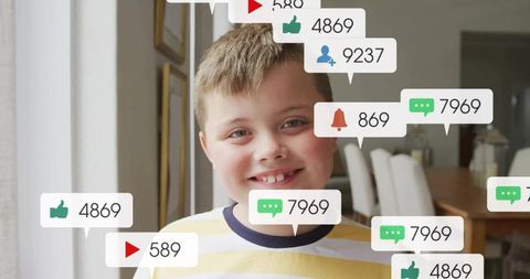 Smiling child surrounded by social media notifications at home