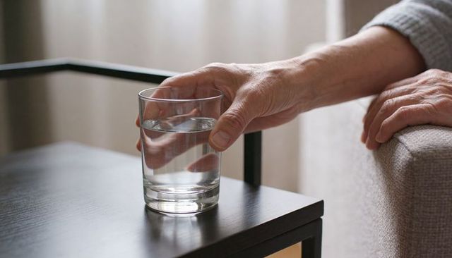 Senior hand reaching for glass of water on wooden side table beside sofa arm