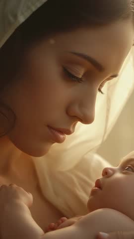 Cradling mother responding to newborn fist while bonding in warm golden morning light