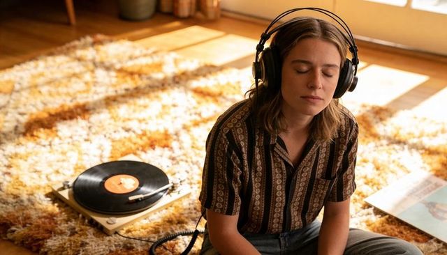 Relaxing young woman listening to vinyl on shag rug with retro turntable and headphones