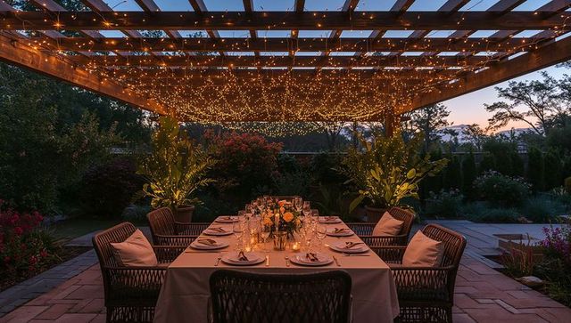 Romantic twilight pergola with twinkling string lights over elegant outdoor dining table