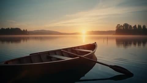 Serene Canoe Drifting at Sunrise on Misty Lake