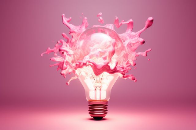 Light bulb splashing bright pink paint conveys creativity, innovation, and out-of-the-box thinking. Great for marketing, design agencies, and presentations about new ideas.