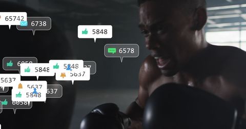 Boxer Training in Gym with Social Media Interaction Concept
