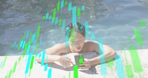 Asian man scrolling trading app at poolside with candlestick chart overlay mobile investing