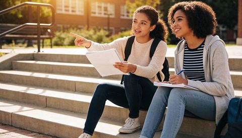 Teen students collaborating on campus steps pointing out directions and taking notes