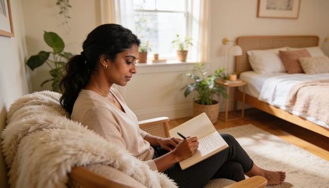 Indian woman journaling in cozy sunlit bedroom, writing in notebook on woven chair