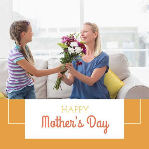 Mother and Daughter Smiling with Flowers on Mother's Day