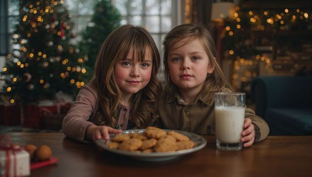 Cheerful Sisters Enjoying Christmas Cookies by Festive Tree