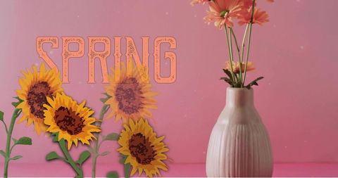 Pastel spring composition featuring sunflower prints and ribbed ceramic vase