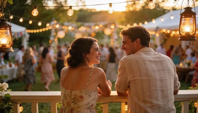 Sunset garden celebration: romantic couple leaning on railing under string lights