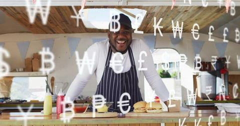 Smiling chef serving burgers at mobile food stall with floating currency symbols overlay
