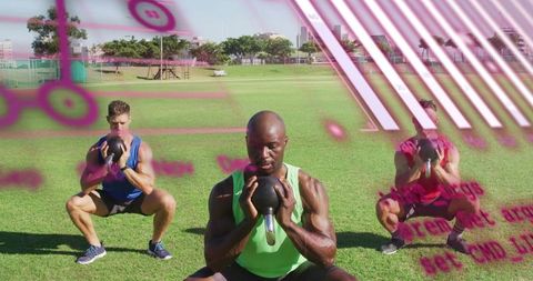Three men squatting with kettlebells in park for outdoor group fitness training with magenta overlay