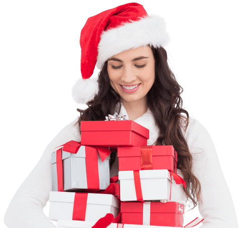 Festive Woman Holding Stack of Christmas Gifts with Transparent Background