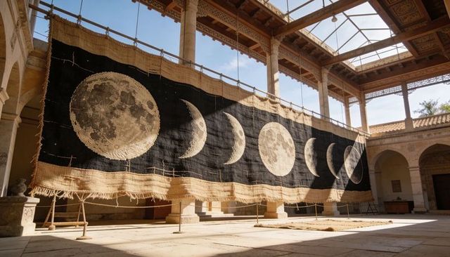 Handwoven lunar tapestry installation hanging in historic stone courtyard with moon phases