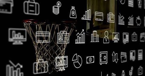 Basketball hoop meeting floating finance icons representing sports business analytics
