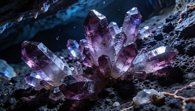 Luminous amethyst crystal cluster on basalt matrix with water droplets in cave pocket