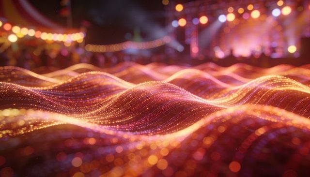 Undulating neon particle waves with glowing bokeh lights and flowing data threads