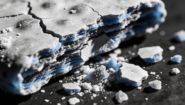 Cracked white crust revealing layered blue core with powdery crumbs on dark background