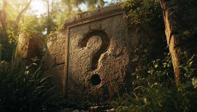 Mysterious Ancient Slab with Question Mark in Enchanted Forest