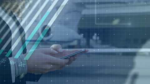 Businesswoman Using Smartphone in Urban Environment with Digital Overlay