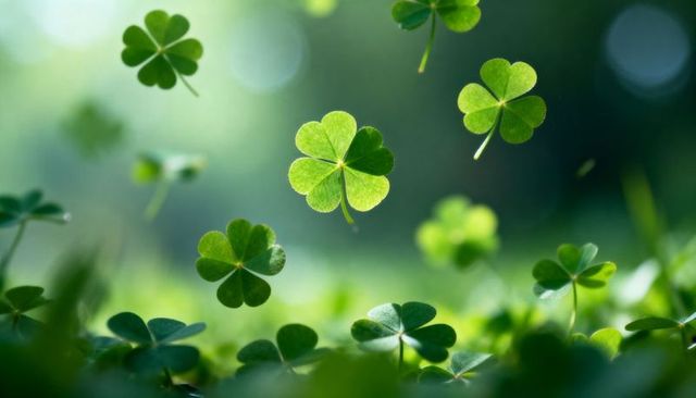 Floating four-leaf clover in sunlit meadow macro shamrock closeup with bokeh