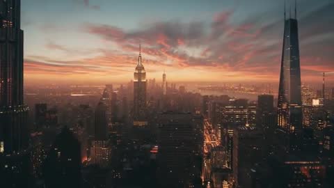 Drone Flies Over Cityscape Capturing Stunning Dusk Skyline