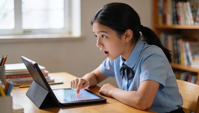 Surprised schoolgirl learning on tablet at desk touching touchscreen and staying focused
