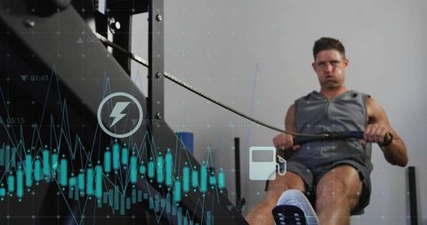 Athlete performing seated row with data overlay for fitness performance analytics