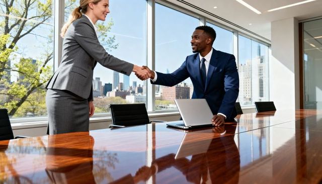 Executives shaking hands across glossy conference table with laptop and city skyline