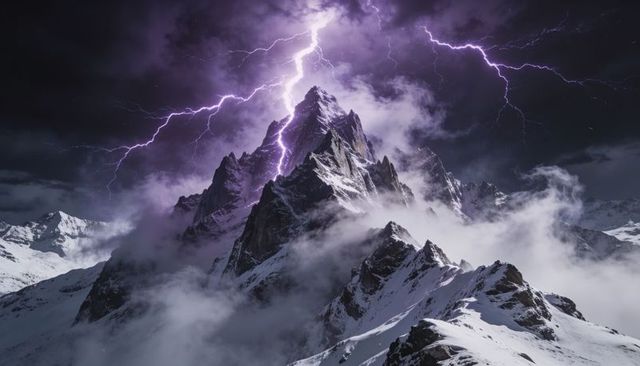 Jagged alpine peak struck by violet lightning amid snowy storm and rising mist
