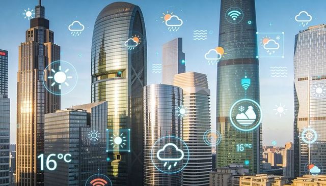 Smart city skyline reflecting sunset with weather hud overlays and temperature readouts