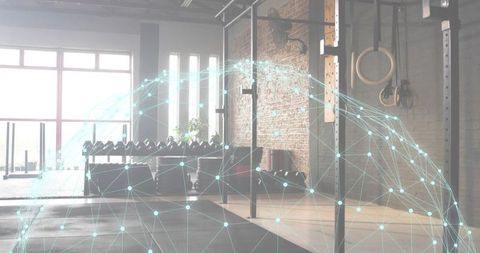 Industrial gym with metal squat rack, dumbbells, rings and digital overlay