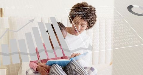 Mother and daughter reading tablet with data visualization overlay for family tech learning