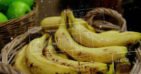 Ripe yellow bananas in wicker basket with ar data overlays for produce analytics and retail