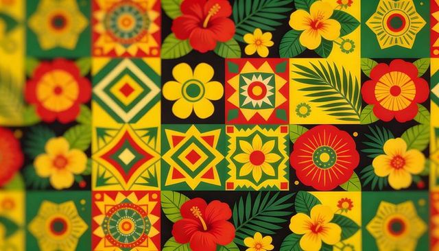Vibrant Tropical Tile Pattern Featuring Hibiscus and Geometric Botanical Blocks