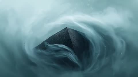 Pyramid Emerging from Teal Vortex of Swirling Mist in Slow Motion