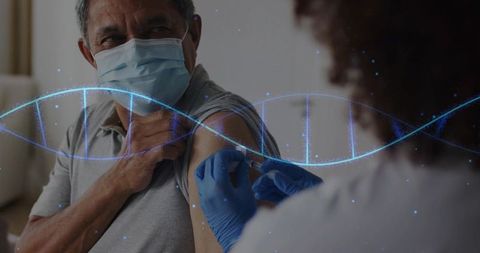Senior man receiving vaccine shot in living room with dna overlay
