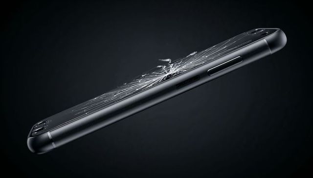 Tilting smartphone revealing cracked screen, shattered glass and metal frame