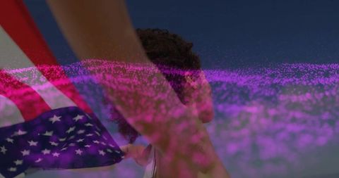 Woman Holding American Flag with Glitch Effect by the Horizon